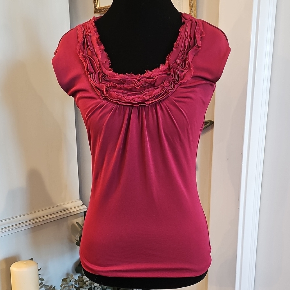 CLASSIQUES ENTIER Merlot Ruffled Silk Jersey Knit Top Size XS